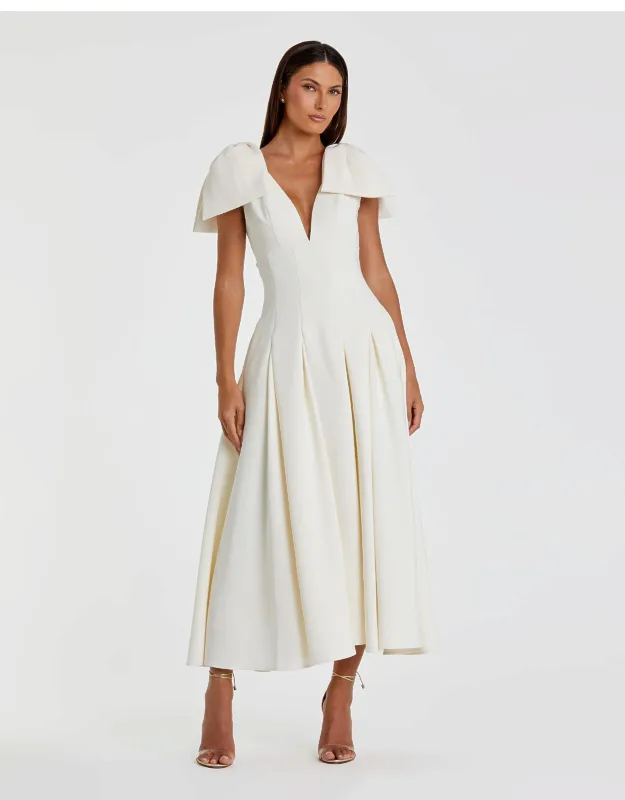 Mac Duggal A Line Midi Dress With Plunging V-neckline And A-line Silhouette