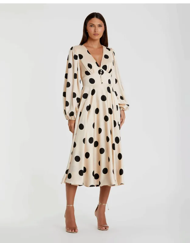 Polka Dot Charmeuse Long Sleeve V Neck Midi Dress