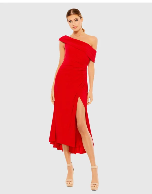 Ieena For Mac Duggal Midi Dress With Thigh-high Slit And Ruching