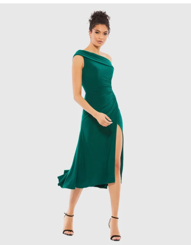 Ruched Off-the-shoulder Midi Dress With Thigh-high Slit