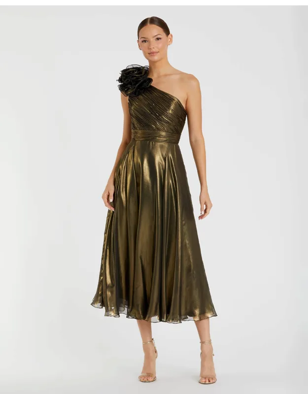 Gold Rosette One Shoulder Tea Length Wedding Guest Dress