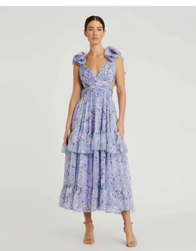 Ruffle Tiered Cut-out Floral Chiffon Wedding Guest Dress
