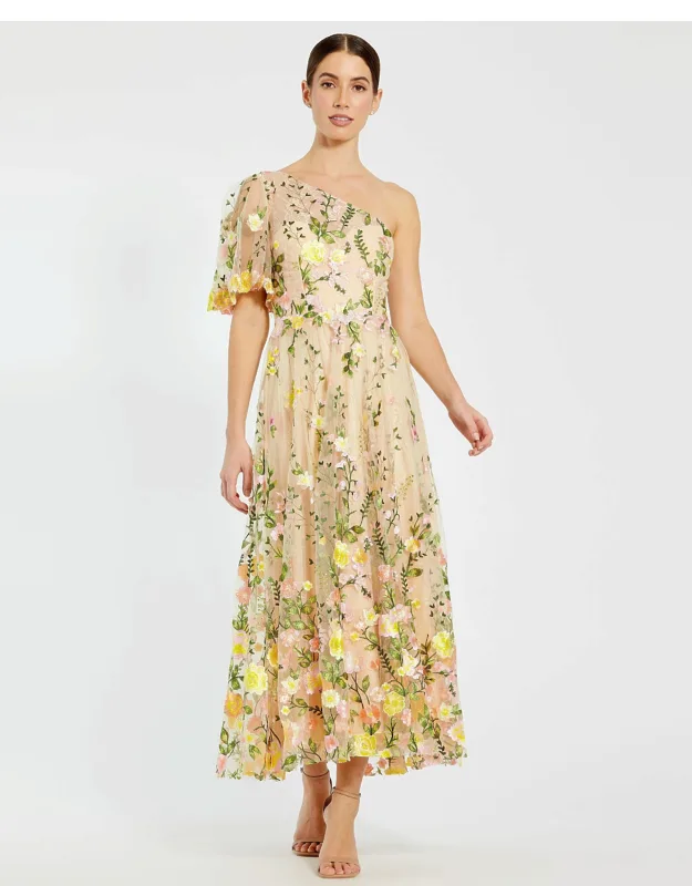 "one Shoulder Lace Embroidered Dress In With Embroidered Band And Fitted Bodice"