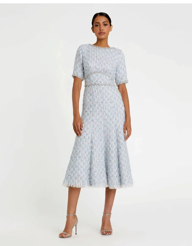 Short Sleeve Beaded Trim Boucle Wedding Guest Midi Dress