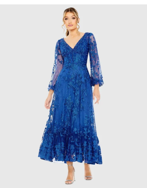 Blue V-neck Mesh Puff Sleeve A Line Dress With Stunning Floral Detail