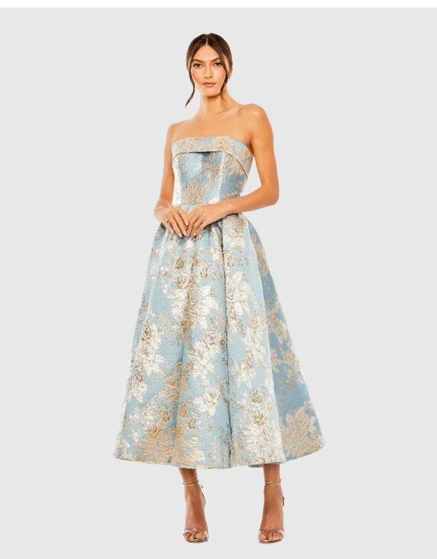 Strapless Brocade Wedding Guest Midi Dress With Pockets