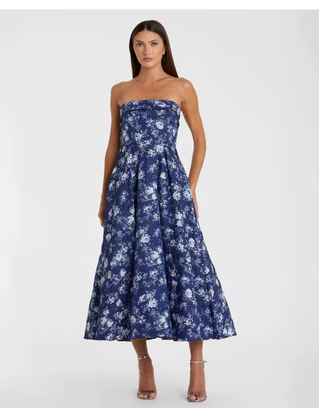 Strapless Brocade Wedding Guest Midi Dress