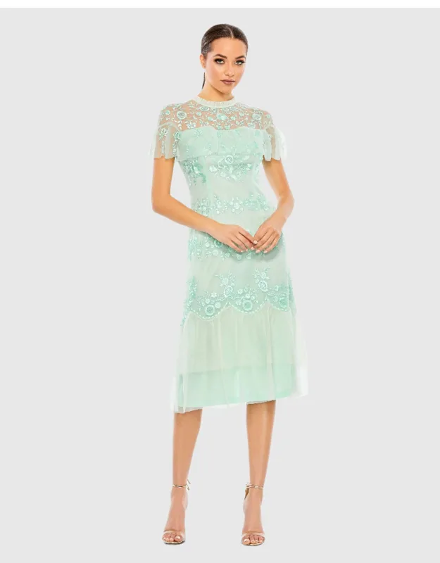 Embroidered Ruffled Cap Sleeve Midi Dress