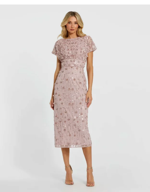 Cap Sleeve Column Wedding Guest Midi Dress With Floral Beading