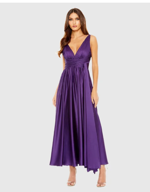 Ruched Satin Pleated Tea Length Wedding Guest Dress