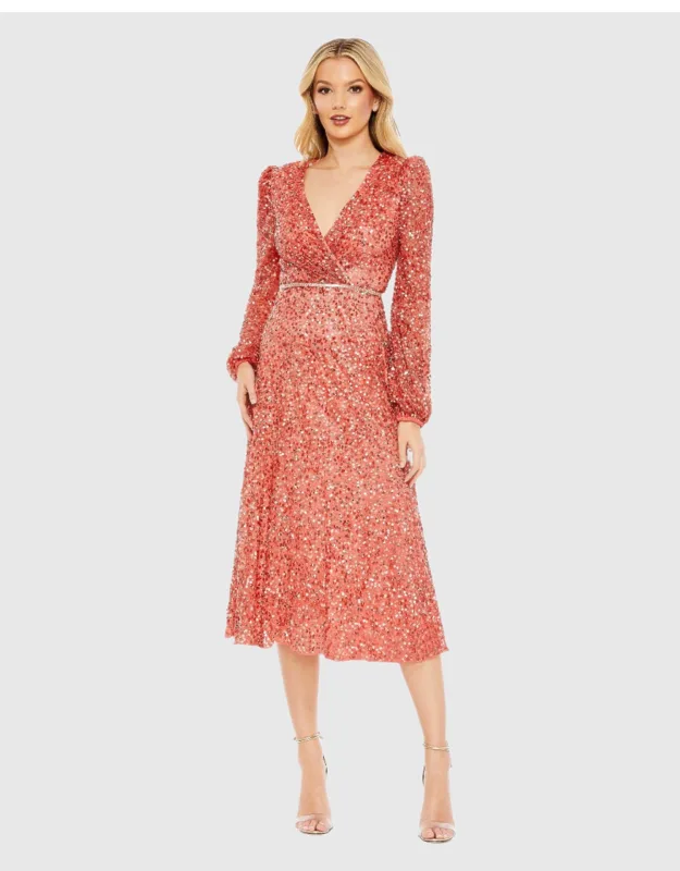 Sequined Puff Sleeve Wrap Over A Line Dress