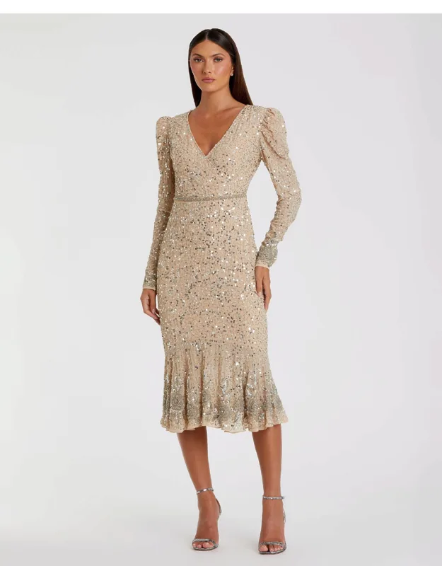Sequin Dress With Embellished Hemline And Belt, Faux-wrap V-neckline