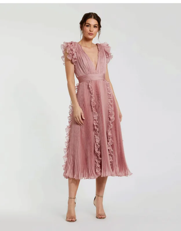 Pleated Chiffon V Neck Ruffle Wedding Guest Midi Dress