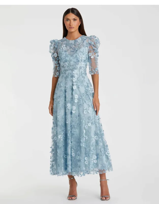 Mac Duggal Blue Applique High Neck Puff Sleeve A Line Dress With Beaded Waist Detail And Concealed Back Zipper