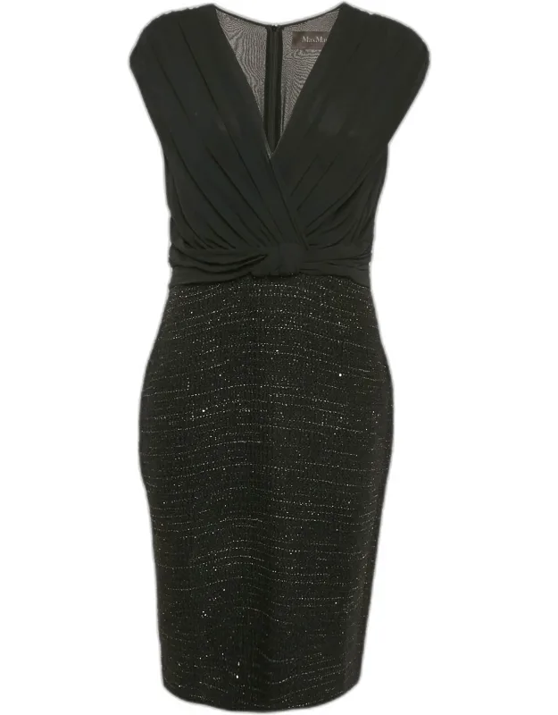 Tweed And Silk Draped V-neck Short Dress