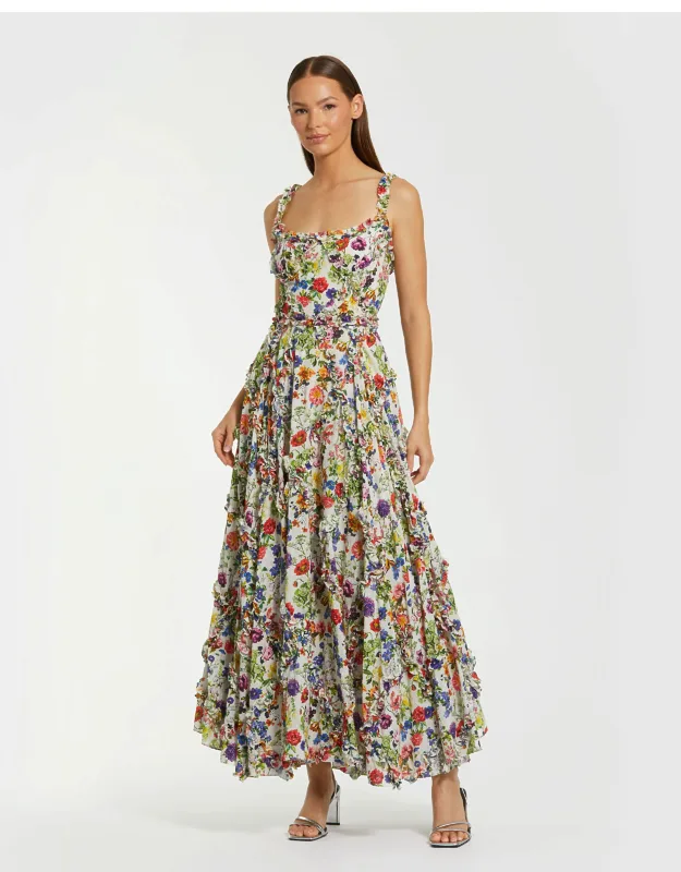 Multicolor Ruffle Floral Scoop Neck Dress