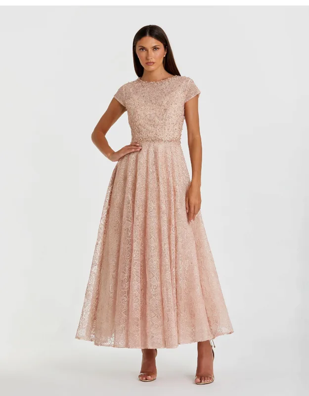 Embellished Cap Sleeve A Line Wedding Guest Dress