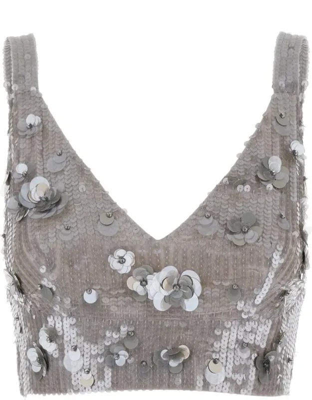 Sleeveless Crop Top With Straps In Sequined Fabric