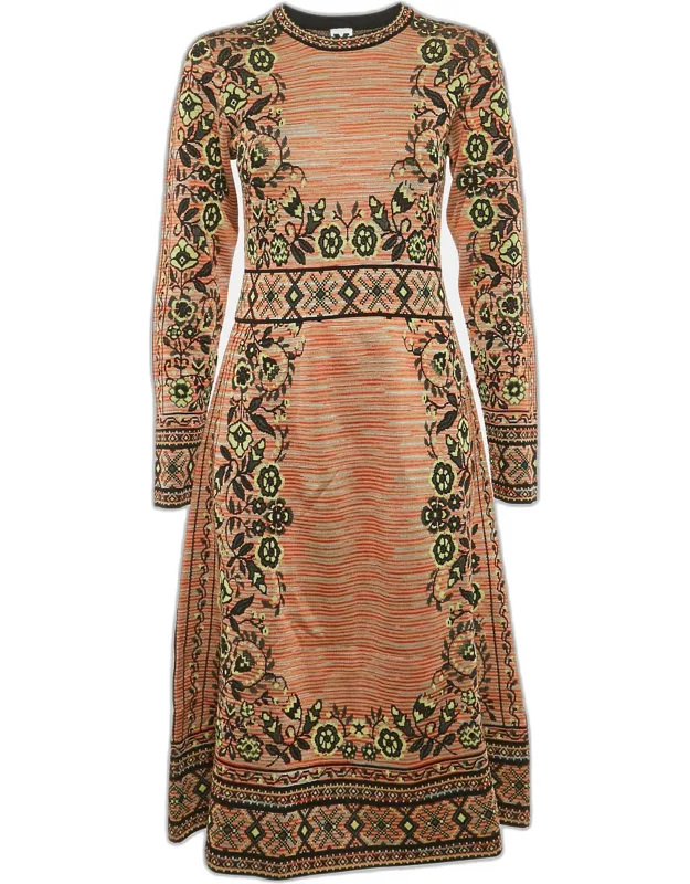 Multicolor Patterned Knit Long Sleeve Midi Dress