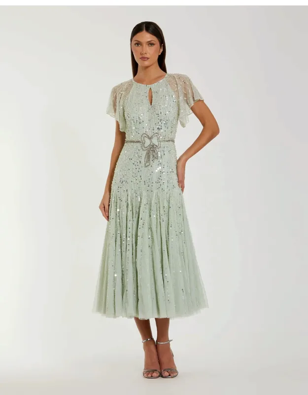 Embellished Bow Flutter Sleeve A Line Midi Dress