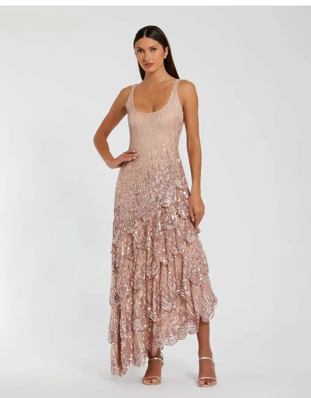 Asymmetrical Scallop Hem Embellished Wedding Guest Dress