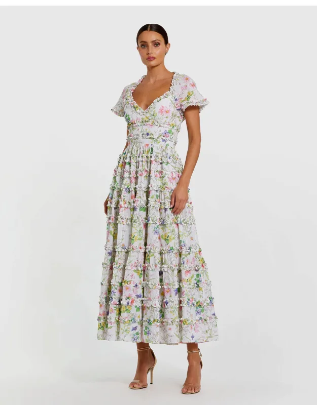 Floral Cap Sleeve V Neck Open Back Cotton Dress