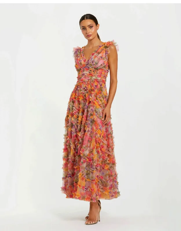 Floral Mesh Ruffle V Neck Ankle Dress
