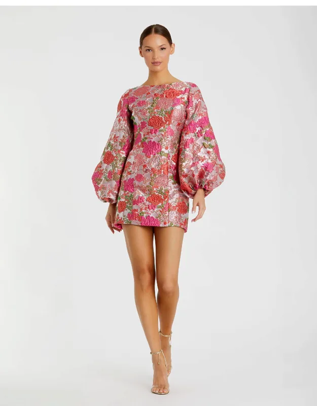 Brocade Balloon Sleeve Fitted Wedding Guest Mini Dress