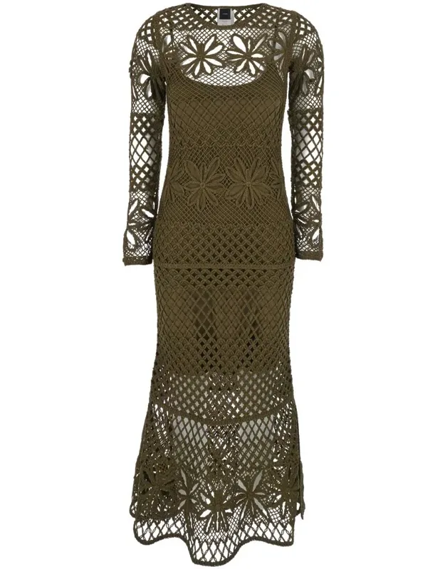 Ortles Crewneck Long Dress With Fishnet Design And All-over Floral Embroidery In Viscose Blend