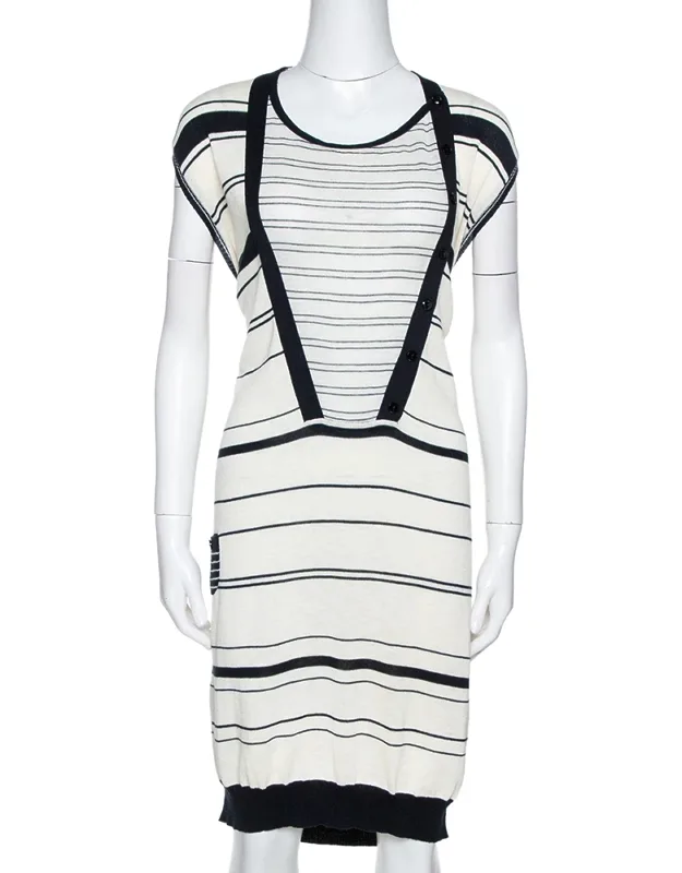 Off White & Navy Striped Cotton Knit Sweater Dress