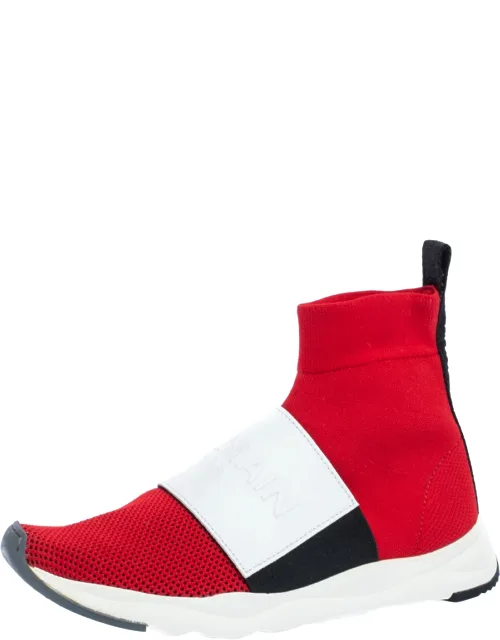 Stretch Knit And Leather Embossed Logo High Top Sneakers
