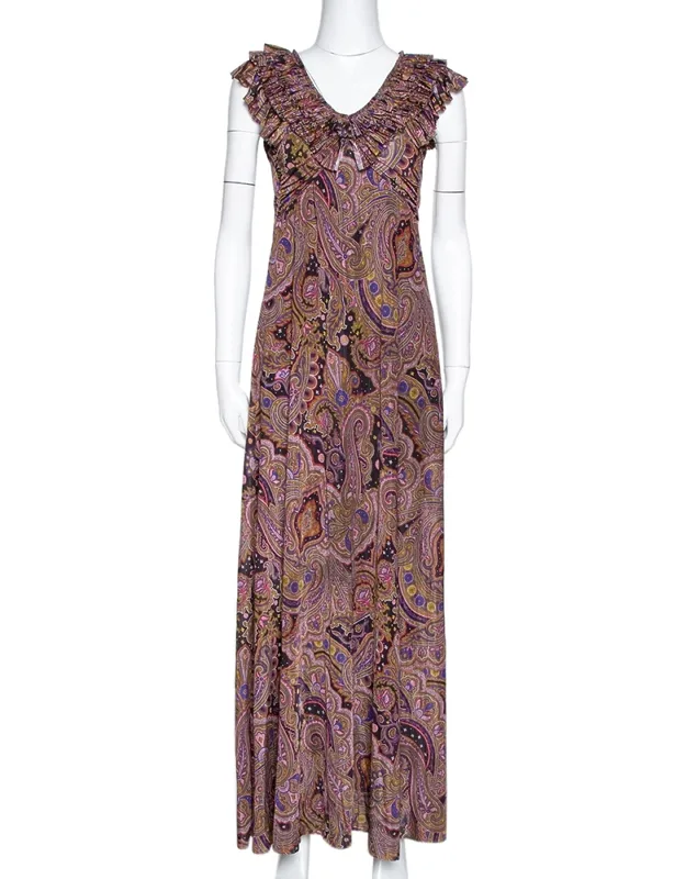 Paisley Print Stretch Jersey Ruffled Maxi Dress
