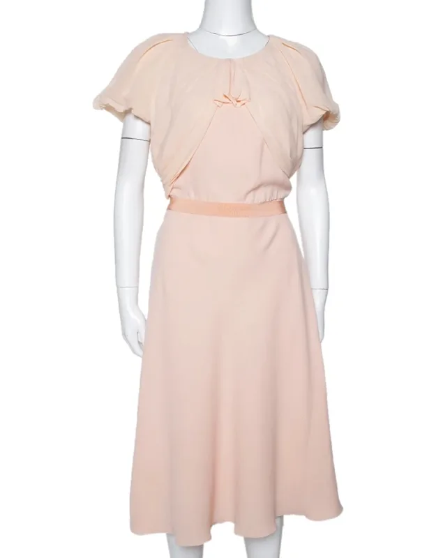 Light Orange Crepe Gathered Bow Detail Midi Dress