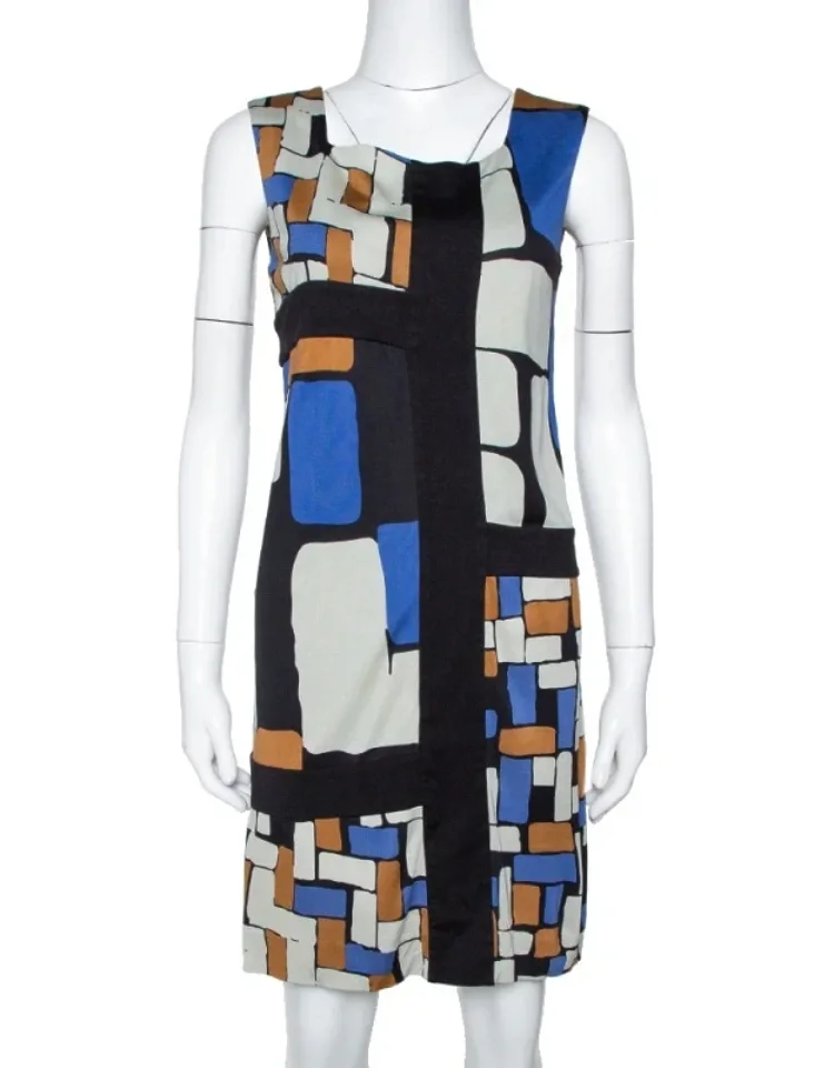 Color Block Print Silk Mondrian Shift Dress