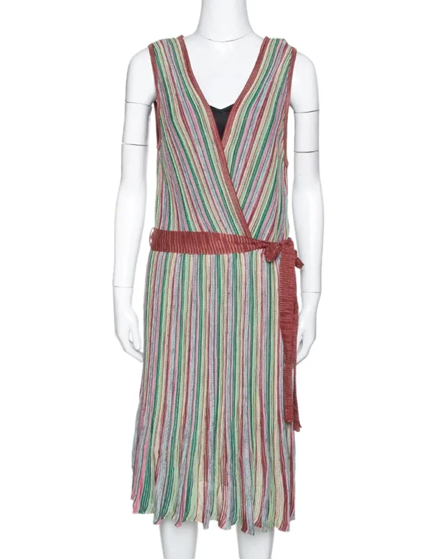 Multicolor Striped Rib Knit Sleeveless Belted Dress