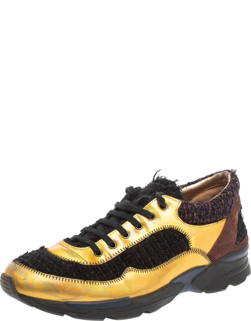 Multicolor Tweed Suede And Metallic Leather Lace Up Sneakers With Comfortable Leather Lined Insoles And Tough Rubber Soles
