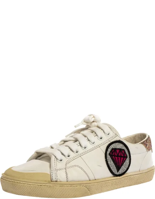 White Leather And Glitter Trim Court Classic Low Top Sneakers