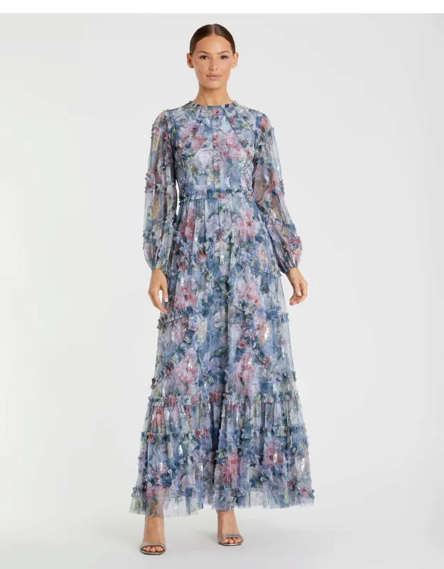 Floral Long Sleeve High Neck Ruffle Detail Wedding Guest Dress
