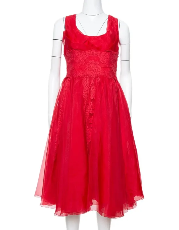 Silk Organza Lace Trim Flared Dress