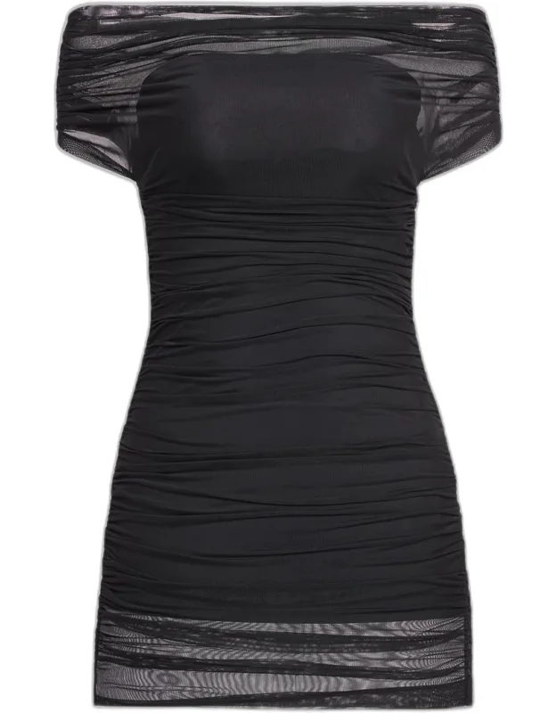 Ruched Mesh Mini Dress