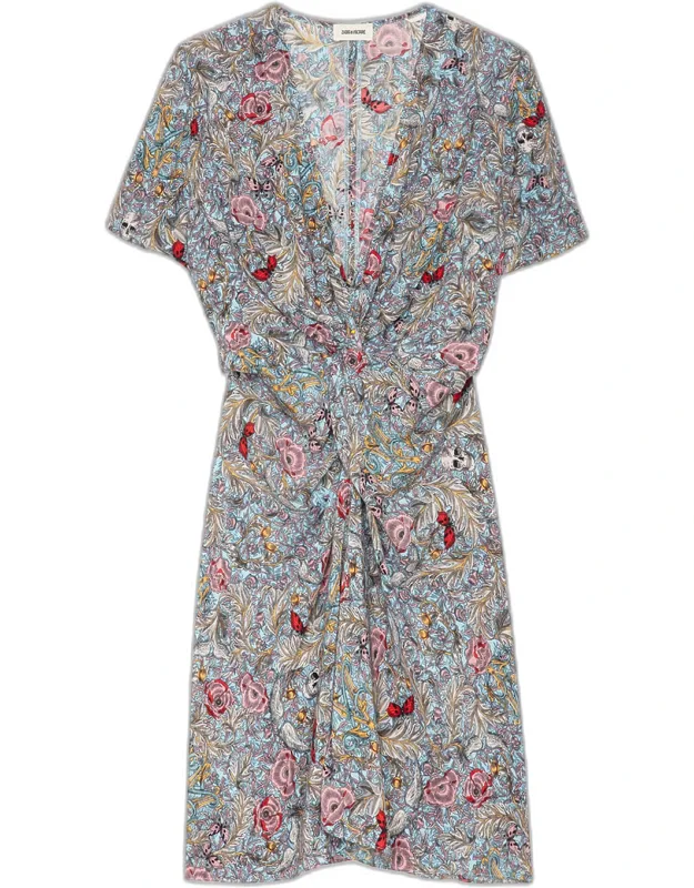 Rozom Soft Flowers Dress In Floralprinted Japanese Satin And Asymmetrical Hem