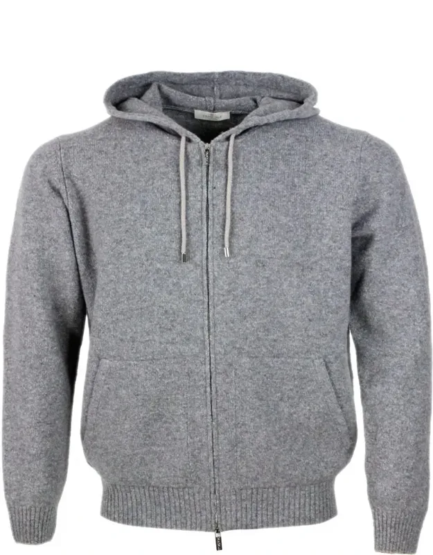 Sweater With Full Zip And Hood In Fine Wool And Cashmere