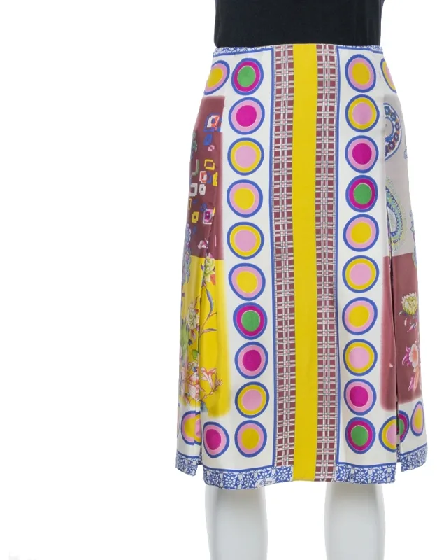 Multicolor Floral Print Silk Pleated Skirt