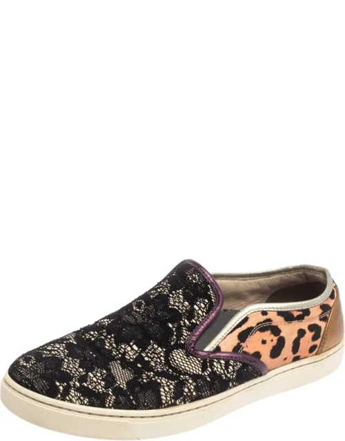Multicolor Lace And Leather Slip On Sneakers