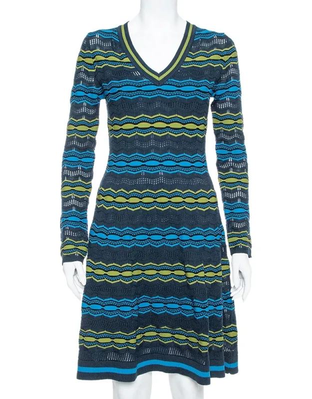 Multicolor Perforated Knit Fit & Flare Midi Dress