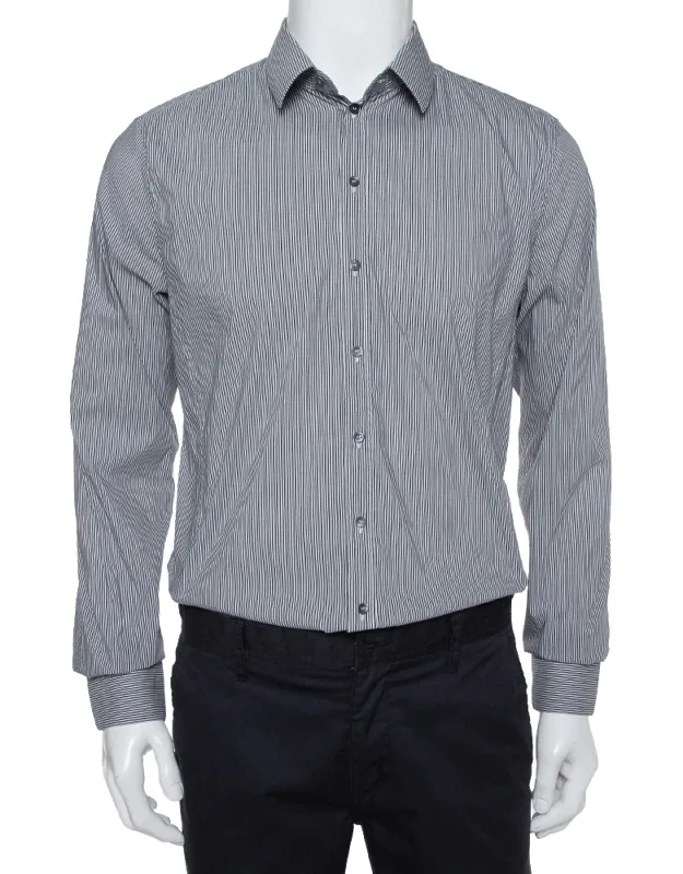 Grey Striped Cotton Button Front Sicilia Shirt, Classic Collar