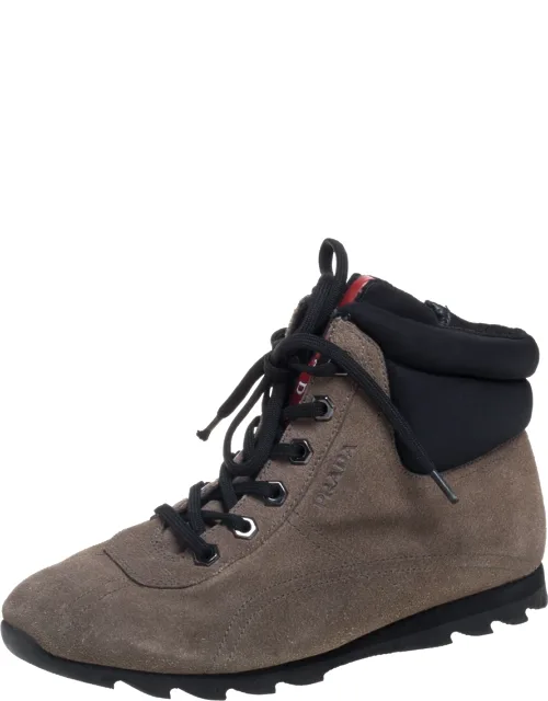Suede And Fabric Lace Up High Top Sneakers