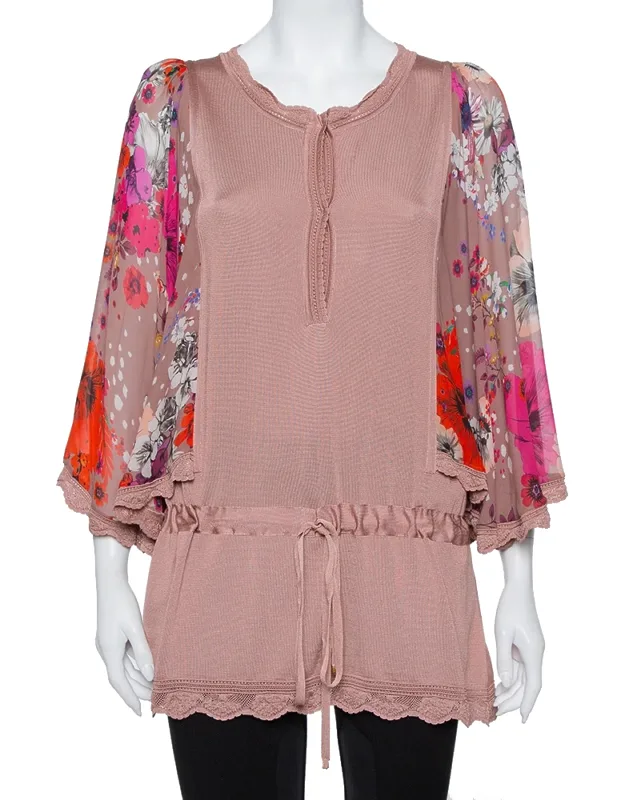 Blush Pink Wool Floral Print Sleeve Detail Drop Waist Tunic