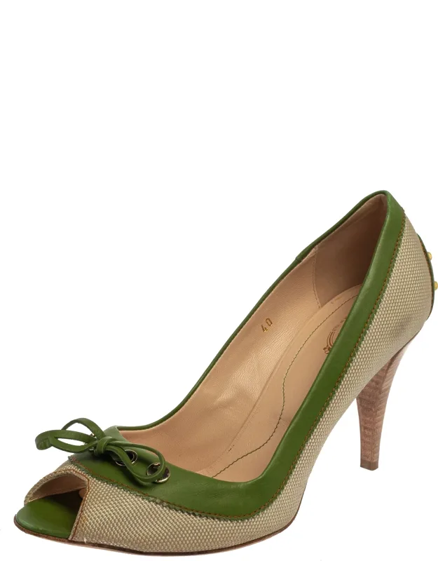 Canvas And Leather Peep Toe Slip On Pumps