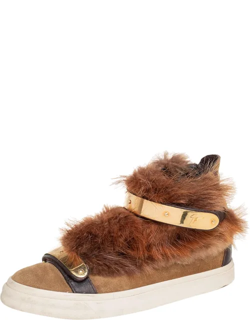 High Top Sneakers With Fur Trim And Gold Tone Zipper